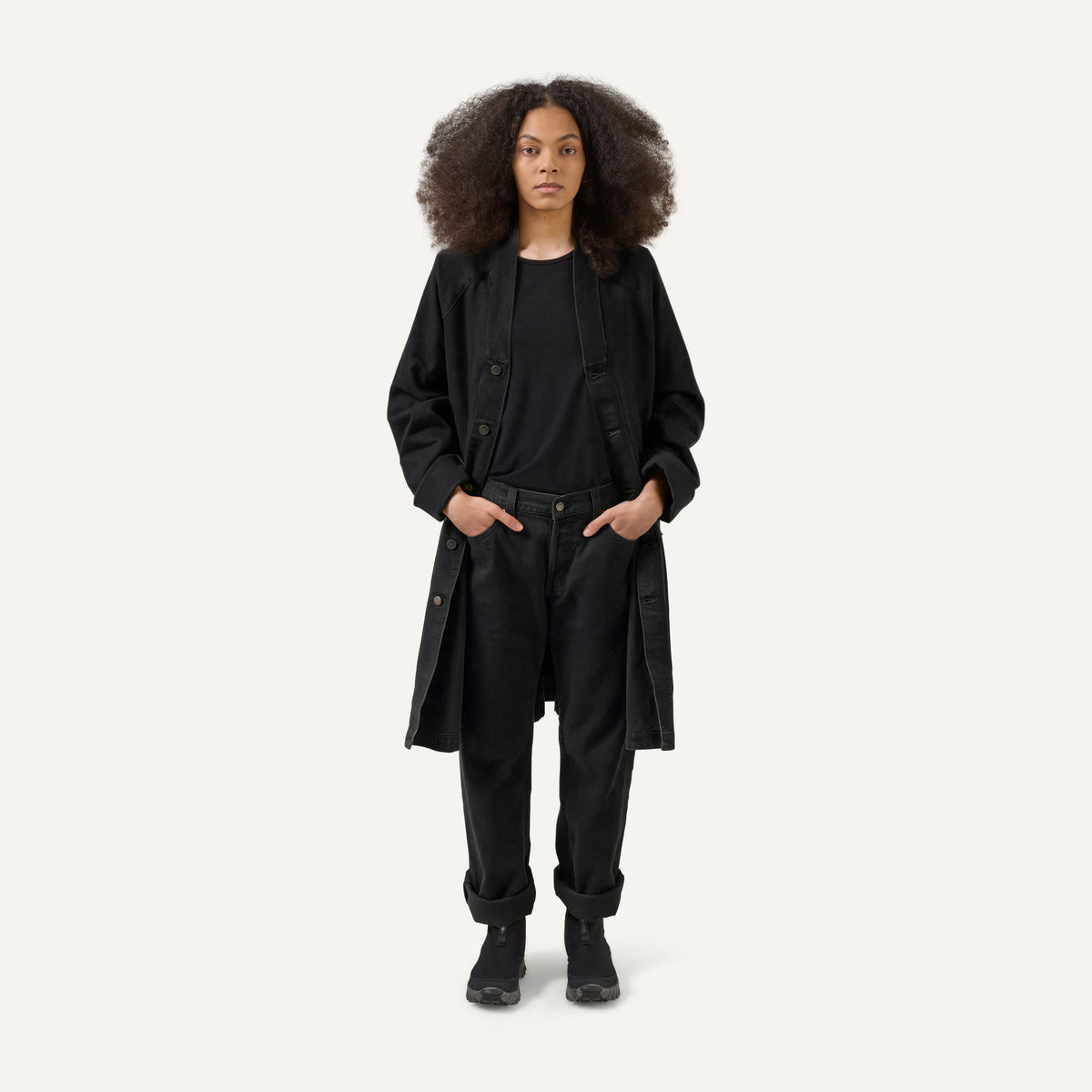 Nomen Nescio 321 Raglan Denim Jacket deep black – model front view, full outfit